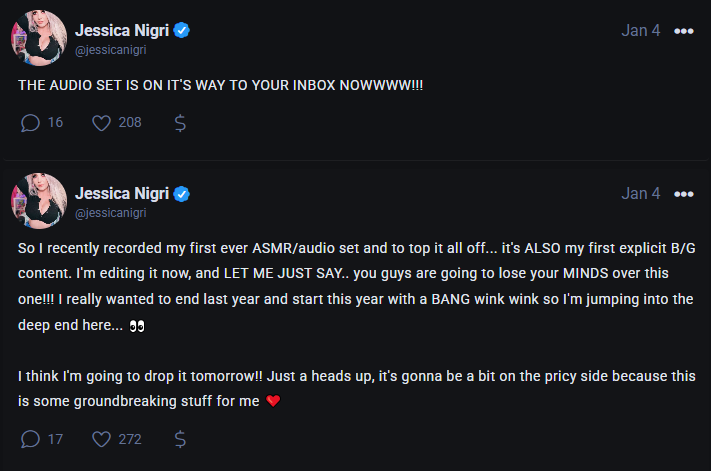 Investigating the voracity of a claim about Jessica Nigri's PPV audio content